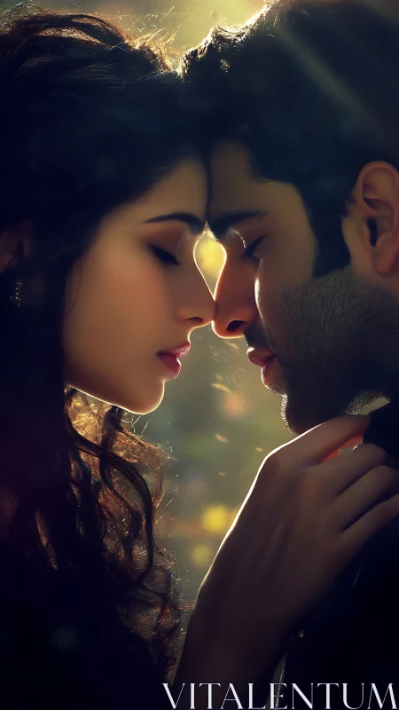 Intimate moment illuminated by golden light between two lovers.