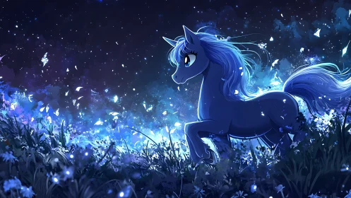 Blue cartoon unicorn walks through glowing night meadow