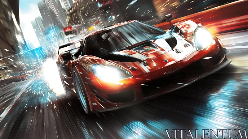 Night city racer exploding through neon rain-slick streets.