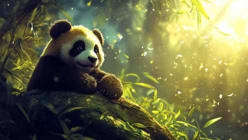 Baby panda leans on mossy log in glowing bamboo forest