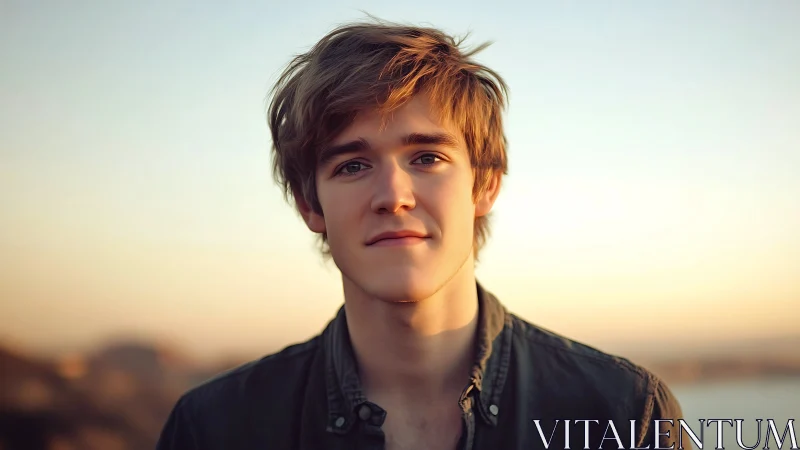 Young man in sunset portrait with warm golden bokeh light.