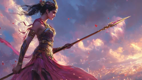 Fantasy warrior queen with spear in luminous sky panorama.