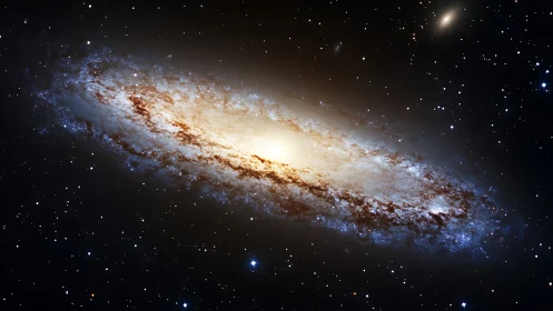 Edge-on spiral galaxy with bright core and dust lanes.