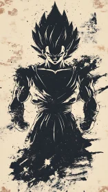 Silhouetted spiky haired fighter in ink wash style illustration.
