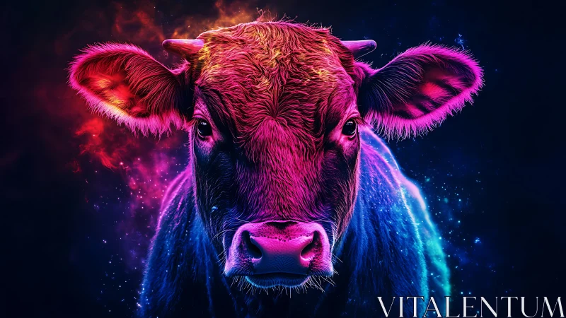 Neon cow portrait glows within cosmic nebula light field.