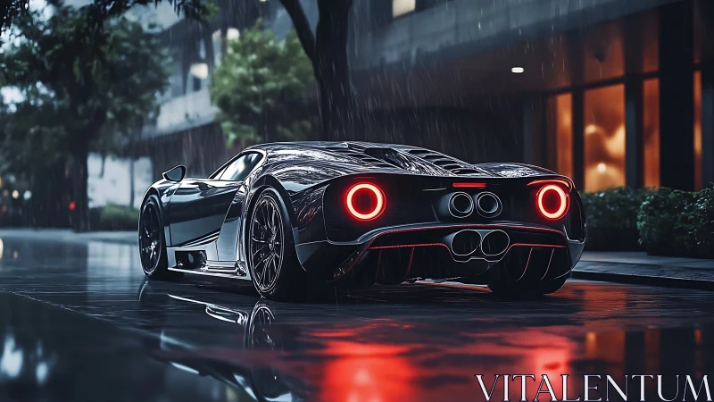 Midnight supercar glows on rain-soaked reflective street.