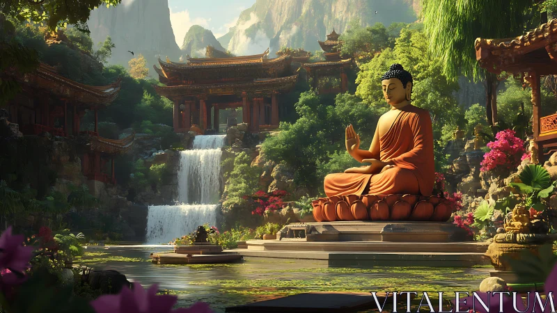 Large Buddha statue anchors lush temple waterfall environment