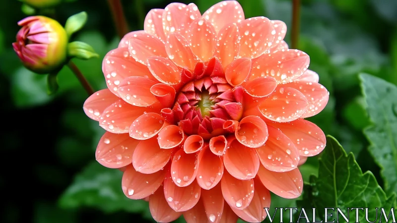 Coral dahlia bloom covered with water droplets in sunlight