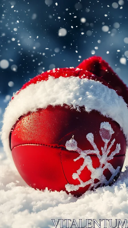 Red Christmas ornament with Santa hat in falling snow.