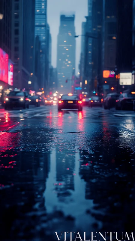 Rain-soaked urban street with traffic and blurred towers.