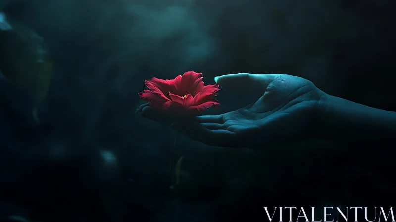 Luminous red flower suspended above a softly lit human hand