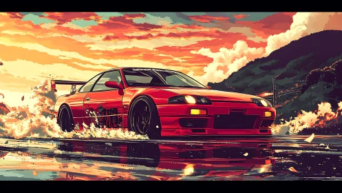 Red drift car powers through wet coastal highway sunset