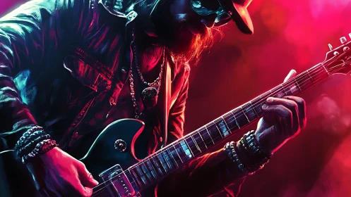 Electric guitarist in colored stage lighting close-up view.