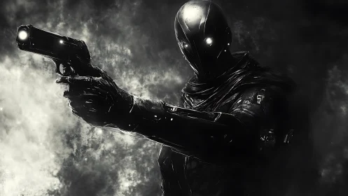 Midnight enforcer in obsidian armor aims through toxic dusk.