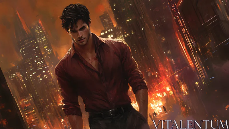 Brooding hero walks through a city glowing with firelit dusk.