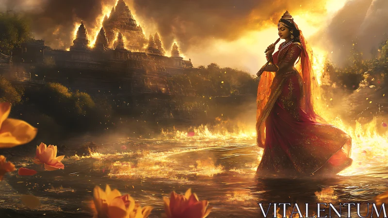Divine woman walks across glowing river before burning temple