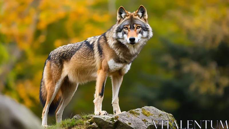 Alert wild wolf stands on mossy rock in autumn forest