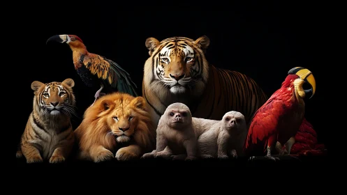 Wild friends gathered in a cozy, colorful spotlight of warmth.