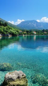 Clear coastal bay with mountains, trees, and houses.