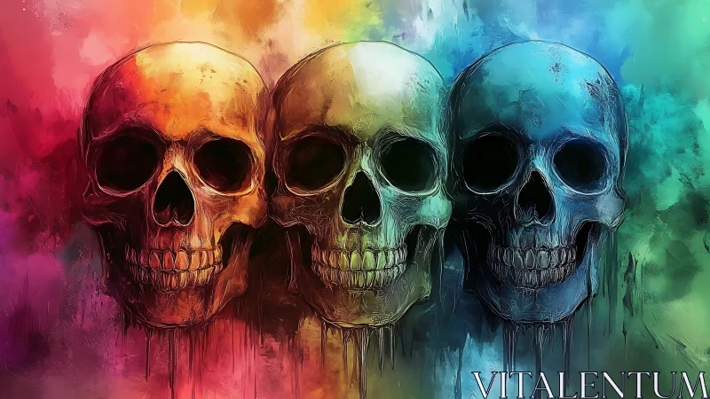 Three dripping skulls align within vibrant spectral haze
