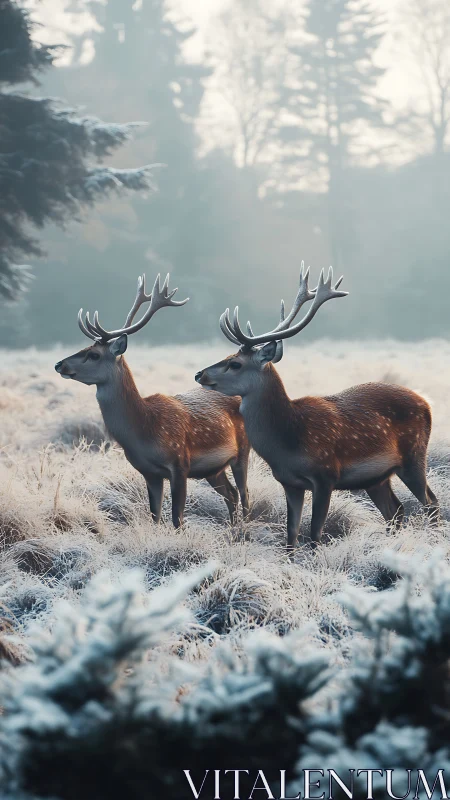 Two red deer standing alert in frosty winter meadow.