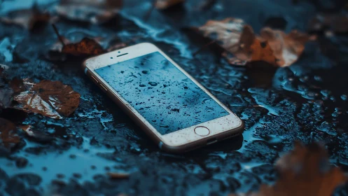 White smartphone resting on wet blue surface with water droplets and fallen leaves