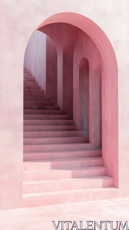 Cotton candy stairways drift upward through quiet pink arches