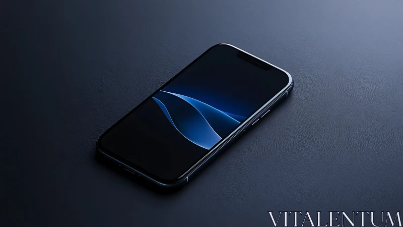 Dark smartphone with dynamic blue display on neutral gray surface