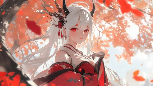 Crimson-horned autumn sorceress beneath whispering leaves.