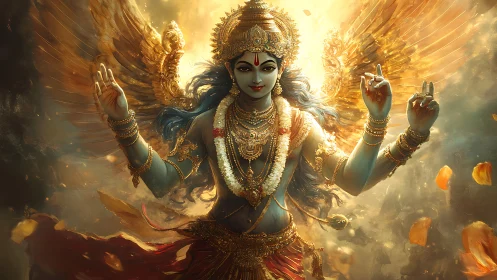 Solar-winged goddess rising through swirling golden petals.