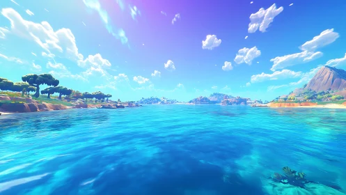 Coastal Mediterranean Bay: Digital 3D Rendered Seascape with Chromatic Gradient Sky.