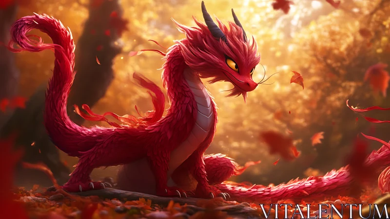 Playful crimson dragon resting in a glowing autumn forest.