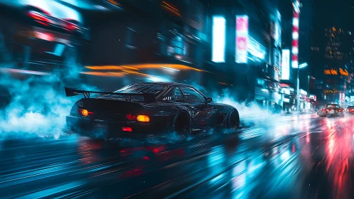 Neon street racer carving electric trails through rain fog.