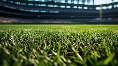 Close-up stadium turf shows sharp green grass in focus