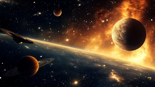 Fiery cosmic sunrise welcomes a serene ringed planet scene