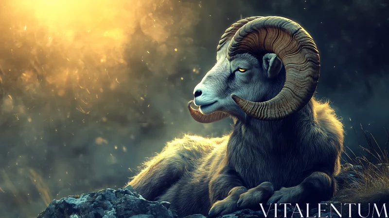 Digital ram portrait under cinematic backlit mountain haze.