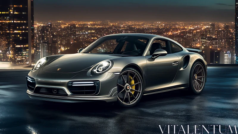 High-gloss sports coupe rendered with reflective city night lighting