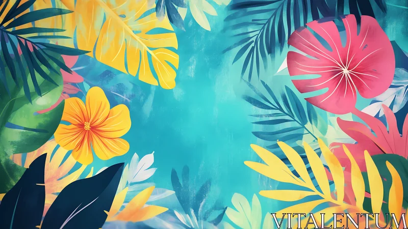 Tropical foliage border in vivid layered digital painting style.