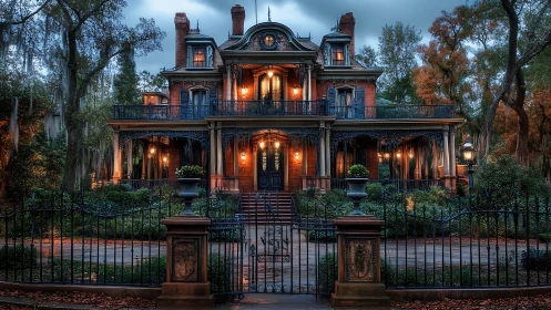 Gothic manor glows under brooding dusk skies, quietly haunted.