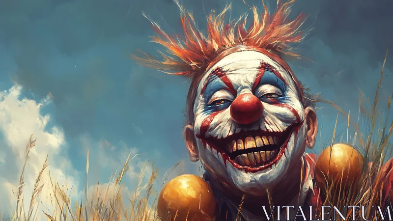 Clown portrait with exaggerated grin in rural grass field.