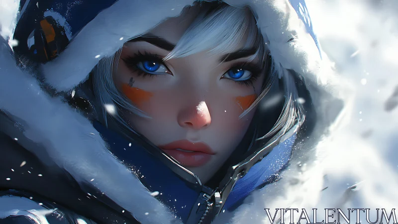 Snowborn scout with electric blue eyes in roaring blizzard.