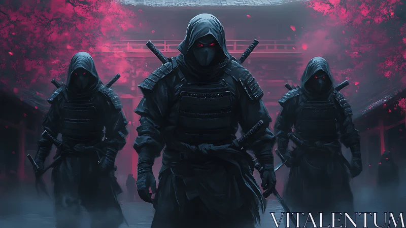 Shadow-clad ninjas emerge under crimson temple bloom.