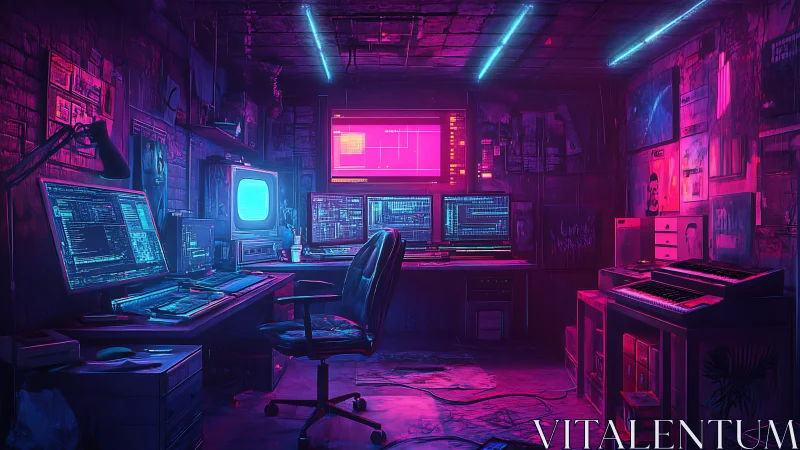 Neon-lit cyberpunk hacker studio with multi-screen command hub.