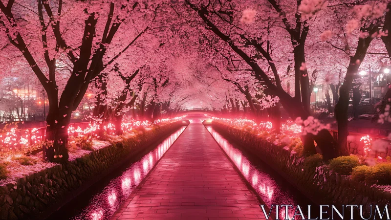 Neon-kissed cherry blossom tunnel over a glowing canal night.