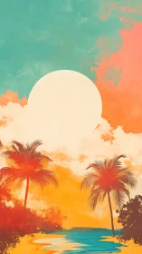Tropical sunset panorama with stylized palms and lagoon glow.