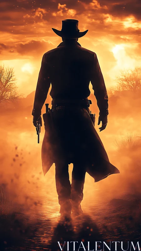 Silhouetted gunslinger walks through backlit dusty landscape