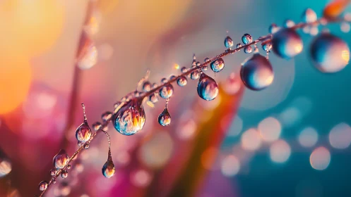 Macro view isolates dewdrops aligned on a thin plant stem
