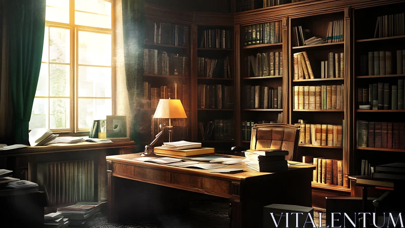 Sunlit scholar&rsquo;s library with papers scattered on desk.