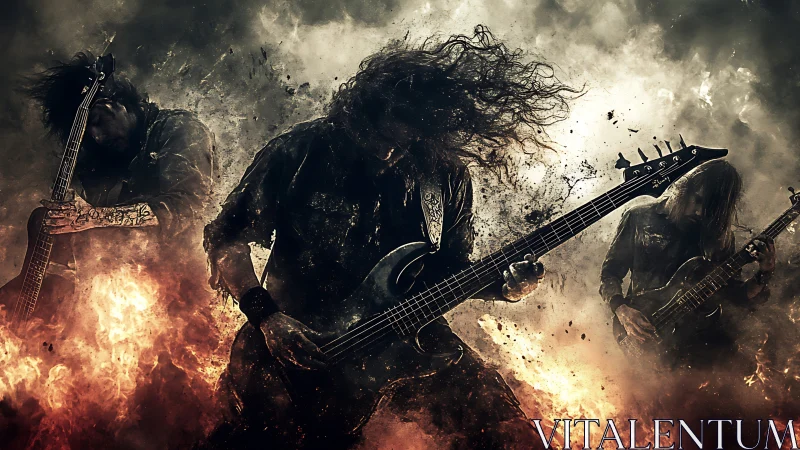 Rock musicians perform surrounded by stylized fire effects