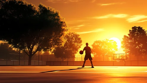 Silhouetted basketball player studies court under radiant sunset